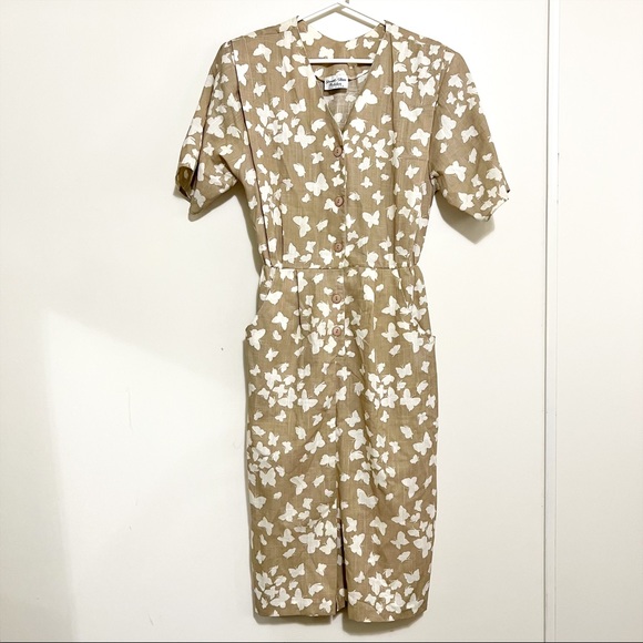 Vintage Dresses & Skirts - Butterfly 🦋 Print Vintage 80s Linen Blend Dress S
